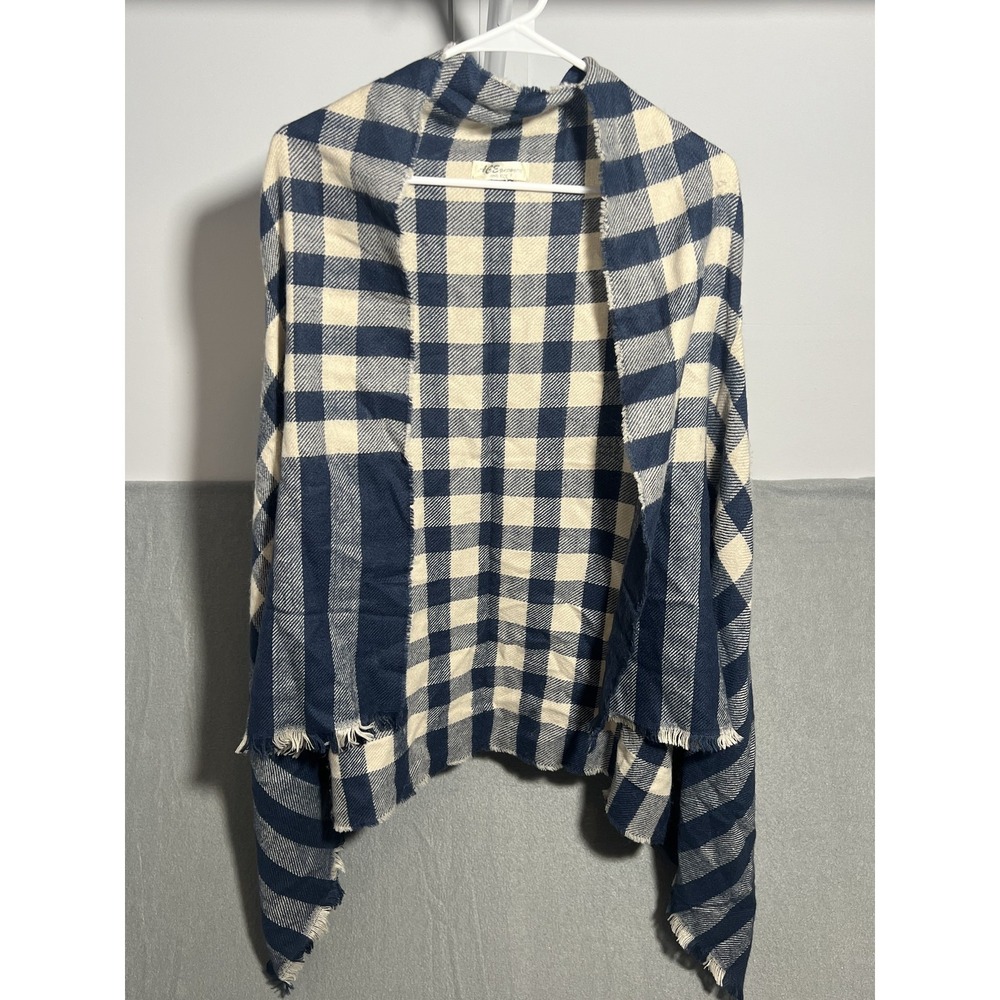 ACE FASHION Women's One Size Navy Cream Buffalo Plaid Poncho Shawl Top Fringed